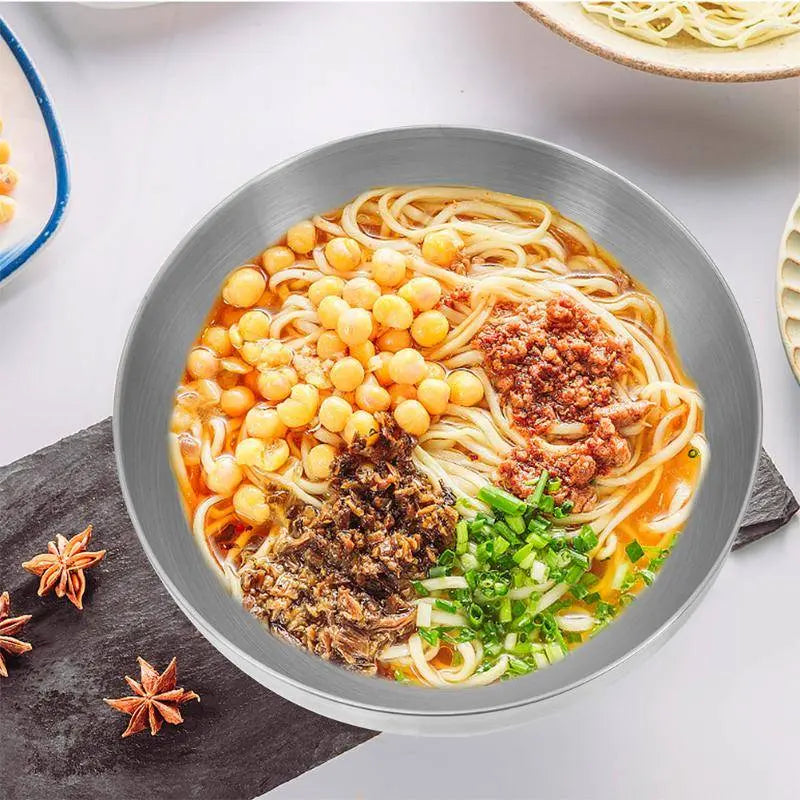 Stainless Steel Salad Bowl - Versatile Kitchen Essential showcasing a noodle soup with chickpeas, minced meat, and green onions, ideal for versatile use.