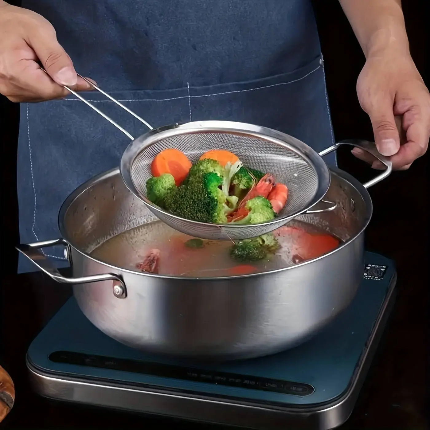Fine mesh Stainless Steel Strainer lifting cooked vegetables from a pot, part of a durable kitchen set perfect for straining and draining.