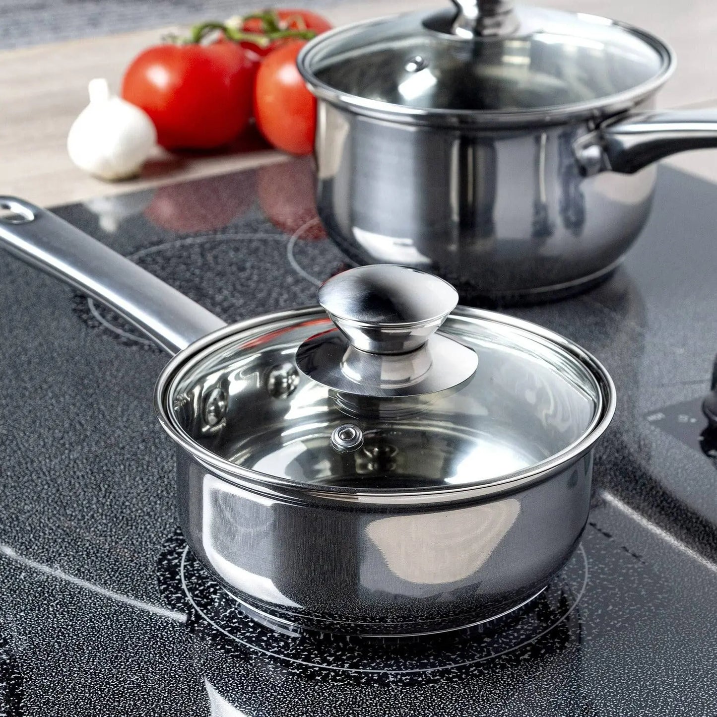 Durable Soup Pot - 316 Stainless Steel | Cookware with glass lid on stovetop, ideal for noodles, milk, and baby meals, featuring a sleek design.