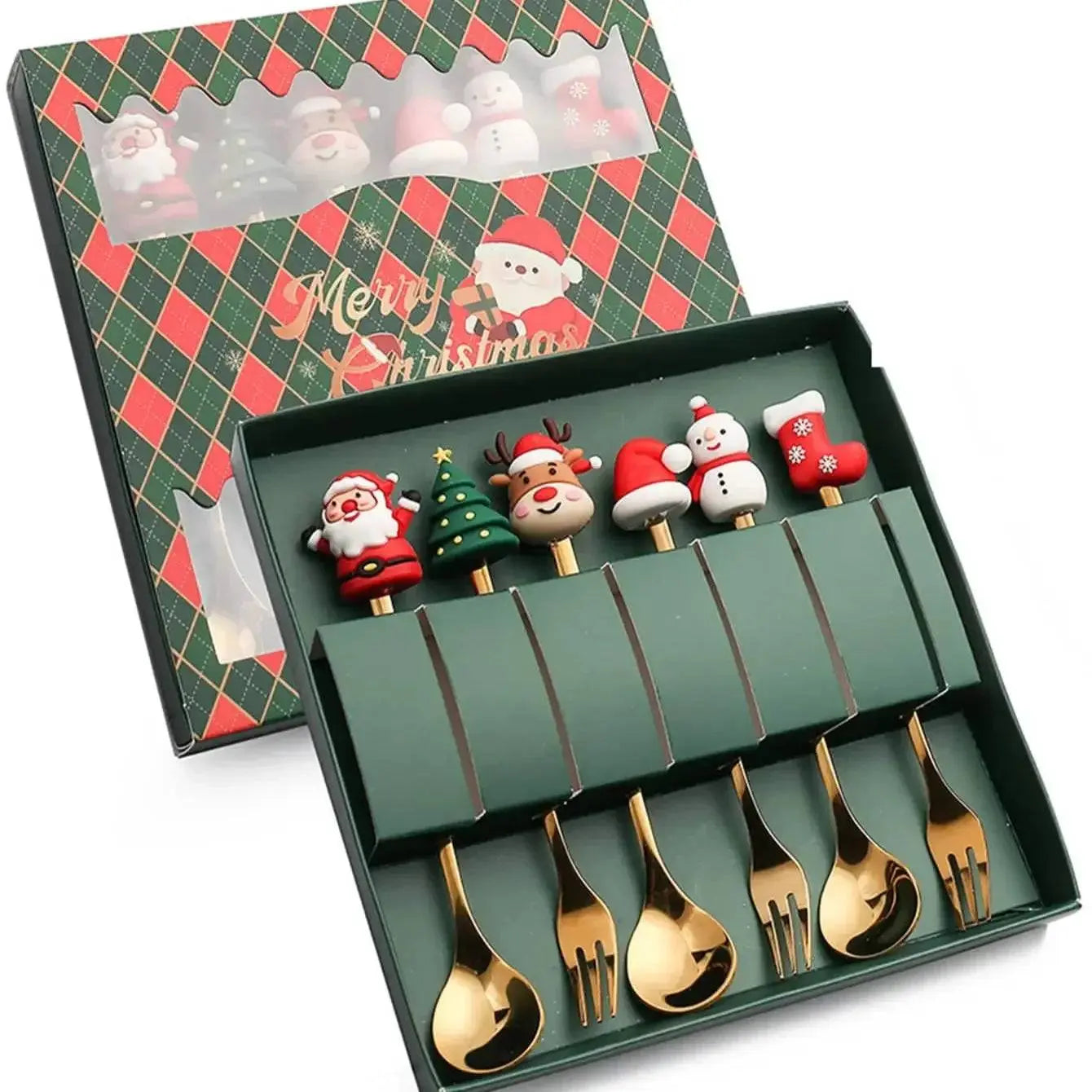 Christmas Coffee Spoons Set | Stainless Gift Set showcasing gold spoons and forks with Christmas-themed toppers in a green box.