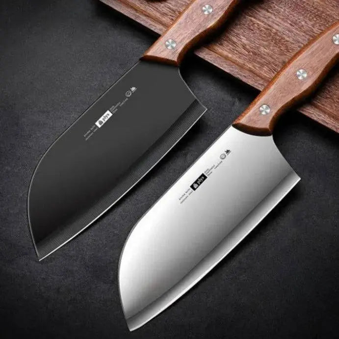 Ladies Cutting Knife - Kitchen Essential showcasing two knives, one black and one silver blade, both with wooden handles for kitchen use.