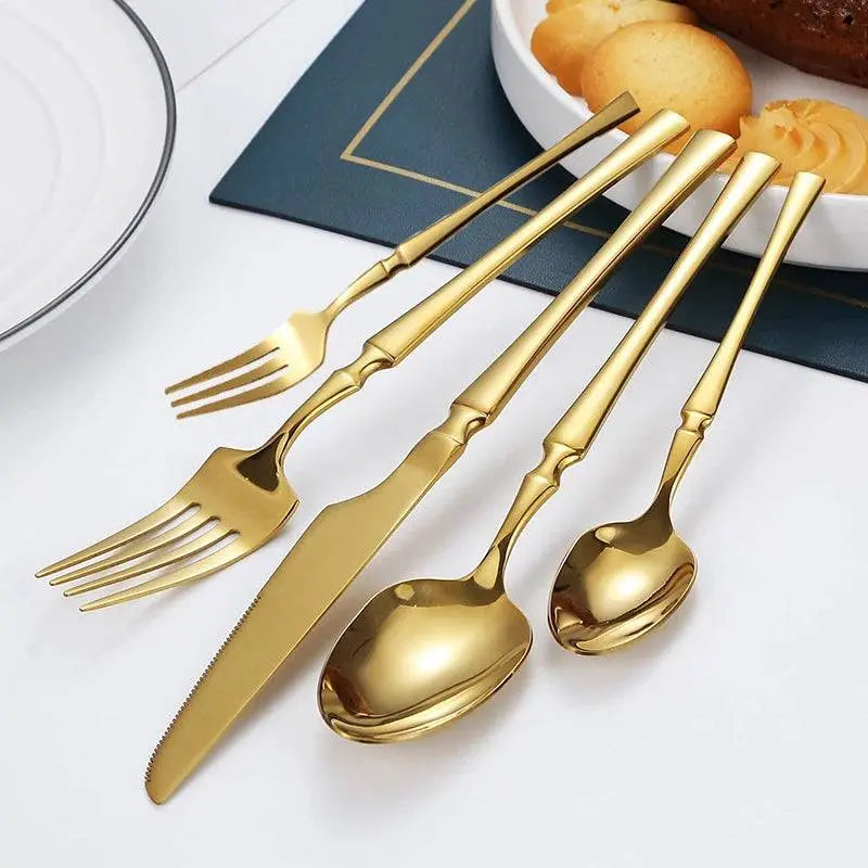 5/20/30 Pieces Cutlery - Gold Stainless Steel Set featuring elegant forks, knives, and spoons, perfect for upscale dining, dishwasher safe.