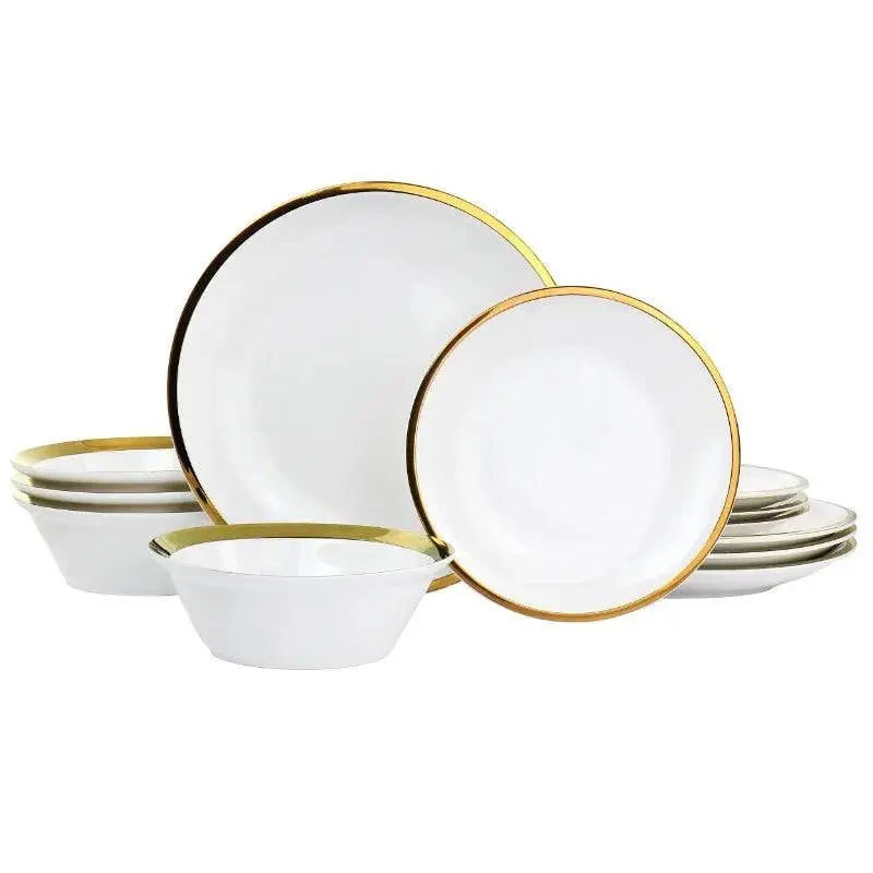 Premier Gold Ceramic Dinnerware Set - Elegant Dining | 12-Piece including plates and bowls with luxurious gold rims, perfect for sophisticated dining.