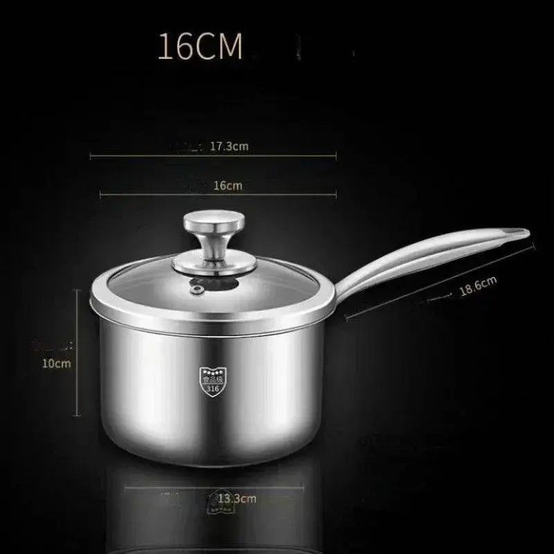 Durable Soup Pot - 316 Stainless Steel | Cookware 16CM size with measurements, ideal for small meals, milk warming, and baby food preparation.