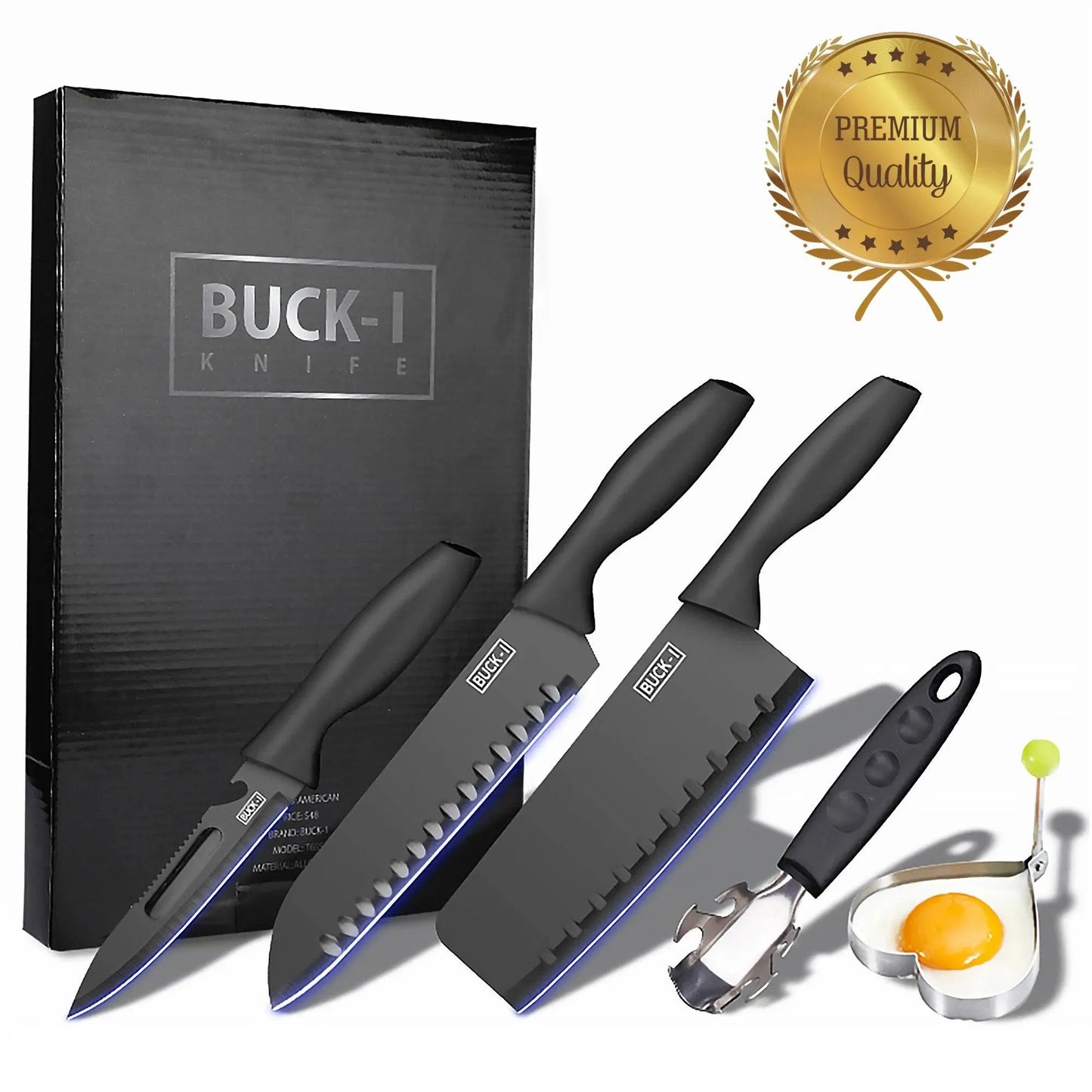 8 Pieces Knife Set - 8 Piece Knife Set | Razor-Sharp Knives Combo featuring black knives, peeler, egg mold, and premium packaging for kitchen use.