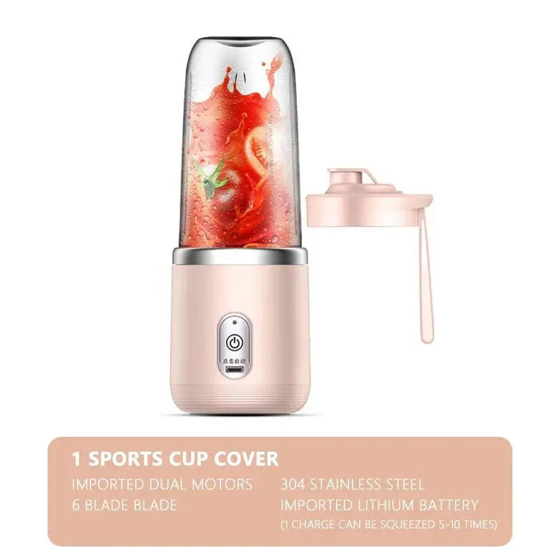 Light pink Portable Electric Juicer - Fresh Smoothies On-The-Go featuring dual motors, stainless steel blades, and a sports cup cover.