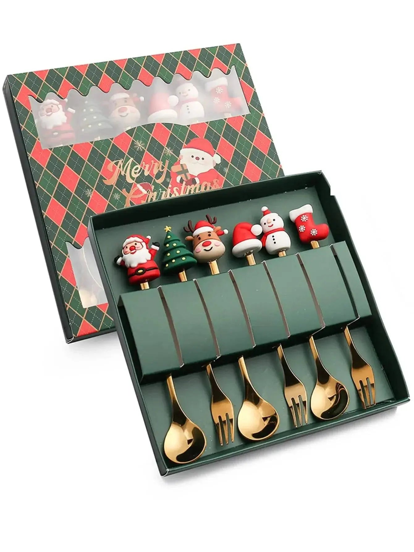 Christmas Coffee Spoons Set | Stainless Gift Set with gold utensils and festive toppers neatly arranged in a green holiday box.