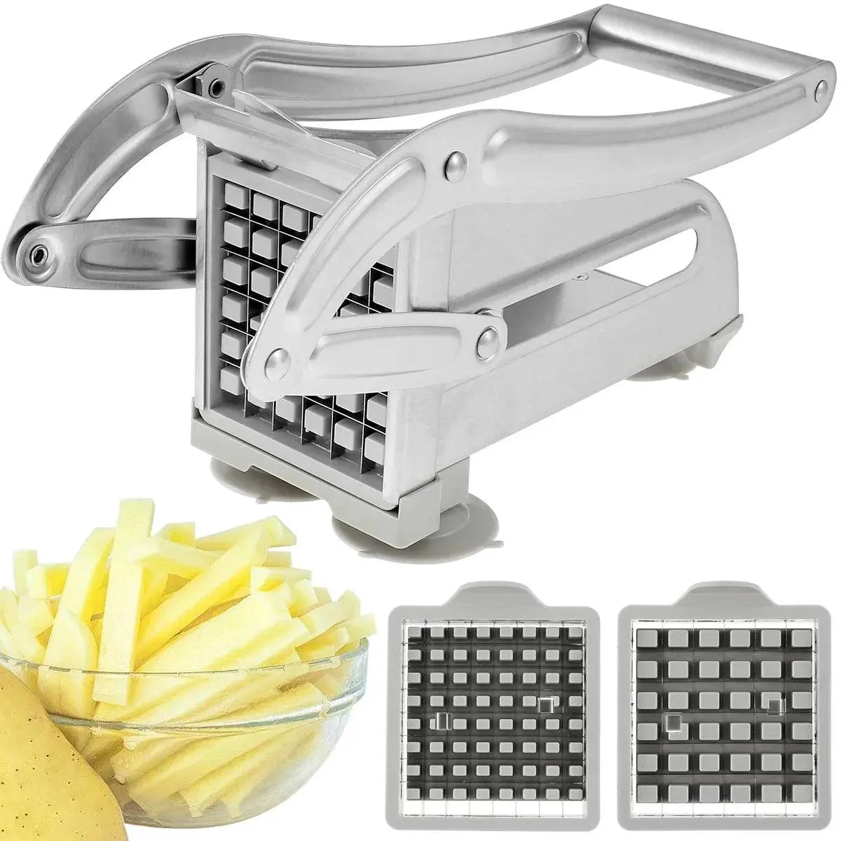 French Fry Cutter - Best Tool for Homemade Fries including two interchangeable stainless steel blades for different fry sizes.