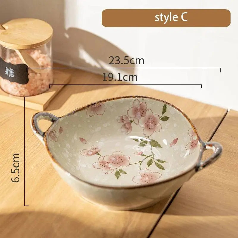 7.5-inch Japanese Noodle Bowl - Ceramic Masterpiece style C, featuring pink floral patterns with dimensions ideal for versatile dining.