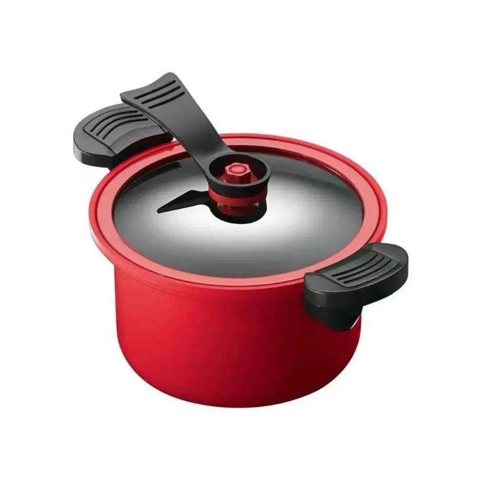 Red 3.5L Pressure Cooker with black handles and locking lid, non-stick and induction safe, ideal for fast and healthy meals.