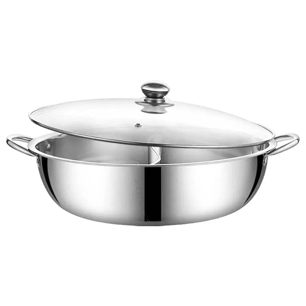 Chinese Hot Pot - Stainless Steel 2-in-1 Cooker with transparent lid, emphasizing the sleek, durable design for dual-flavor hot pot meals.
