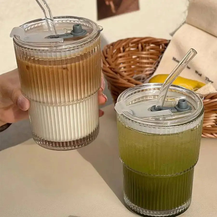 400 ML Stripe Glass Cup | Durable Transparent Design featuring iced coffee and matcha drinks with spill-proof lids and glass straws, ideal for daily use.
