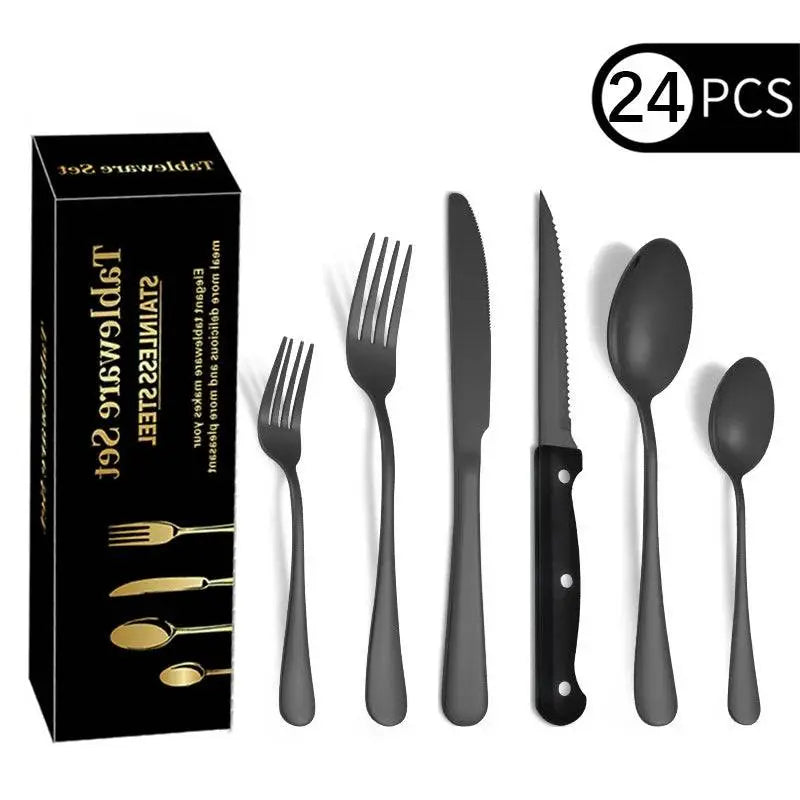 24 Pieces Stainless Steel Cutlery Set | Durable Dining Elegance boxed set showing forks, spoons, and knives with a stylish black and silver design.
