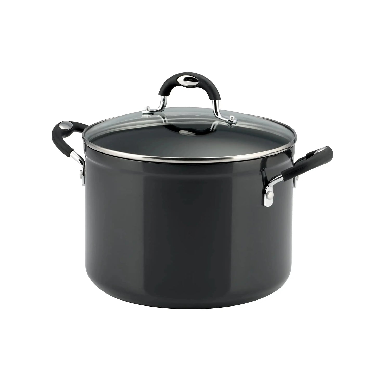 Tramontina 8 Qt Non-Stick Stock Pot with glass lid, featuring a sleek gray finish and easy-to-clean non-stick interior.