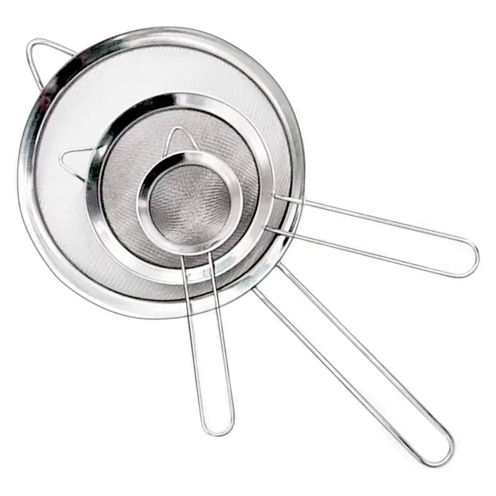 Top view of three-piece Stainless Steel Strainer Set with fine mesh, durable kitchen tools perfect for straining tea, eggs, and vegetables.