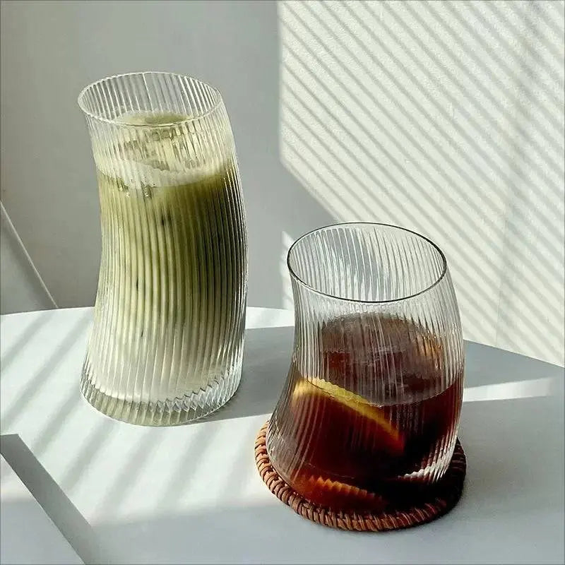 Set of Transparent Glass Cups - Stylish Design | Microwave Safe, featuring ribbed texture, perfect for iced drinks, dishwasher and microwave safe.
