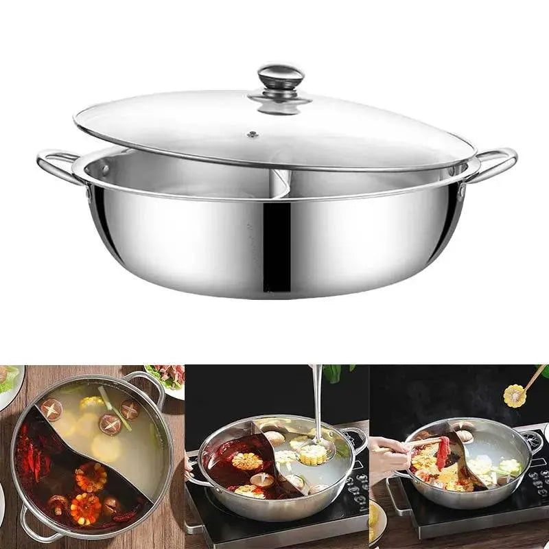 Chinese Hot Pot - Stainless Steel 2-in-1 Cooker with glass lid, displayed with food and empty views, ideal for efficient and flavorful cooking.