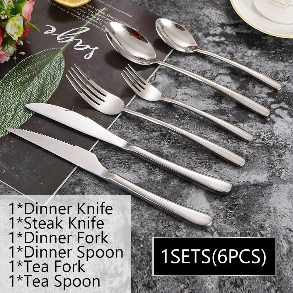 1 set (6 pieces) of 304 Stainless Steel Dinnerware Set - Timeless Dining, including dinner knife, steak knife, forks, and spoons.