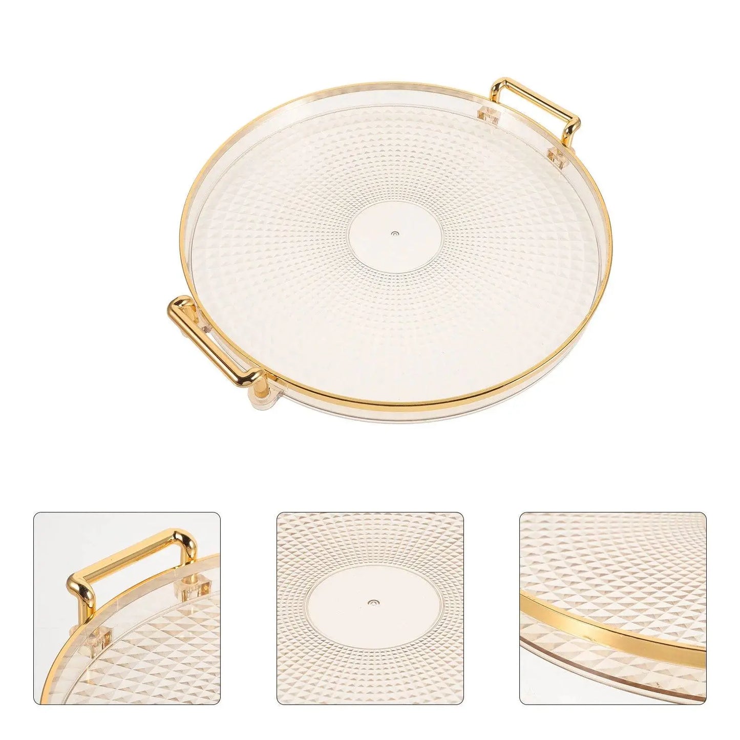 Elegant Round Plastic Tray with close-up insets showing gold handles, textured surface, and rim details for stylish serving and decor.