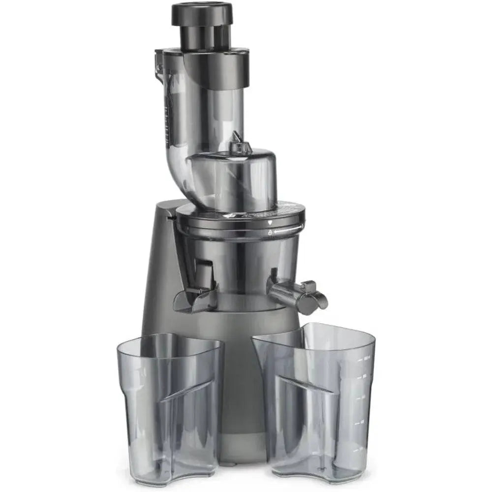 Easy Clean Slow Juicer - Effortless Juicing | Max Nutrition, displayed with two measuring pitchers, emphasizing easy cleaning and efficient juicing.