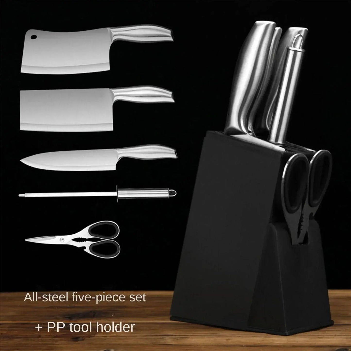 Stainless Steel Kitchen Knives Set - Precision Cutting including five tools and a black PP holder, perfect for organized and efficient kitchen use.