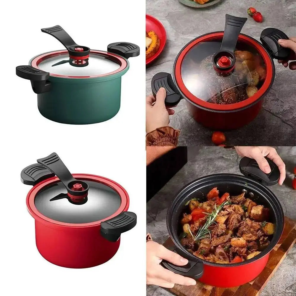 3.5L Pressure Cooker in red and green variants, multifunctional non-stick cookware for induction and gas stoves, perfect for stews and soups.