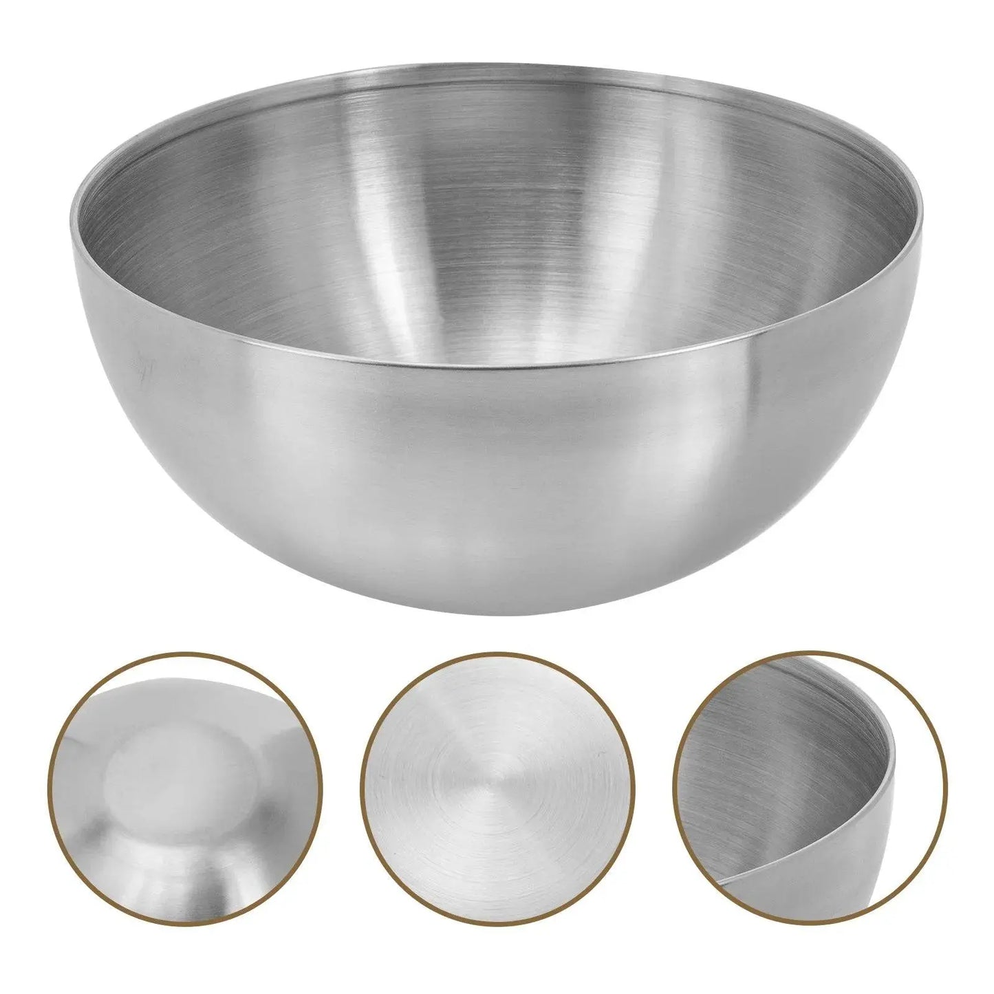Silver Stainless Steel Salad Bowl - Versatile Kitchen Essential with close-up views of its smooth, food-grade surface, emphasizing quality and durability.