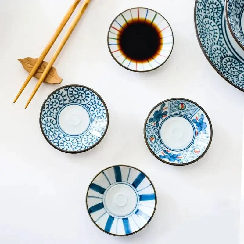 Japanese Style Ceramic Sauce Dishes with intricate blue and multicolor designs, perfect for sauces, gravies, and stylish table settings.