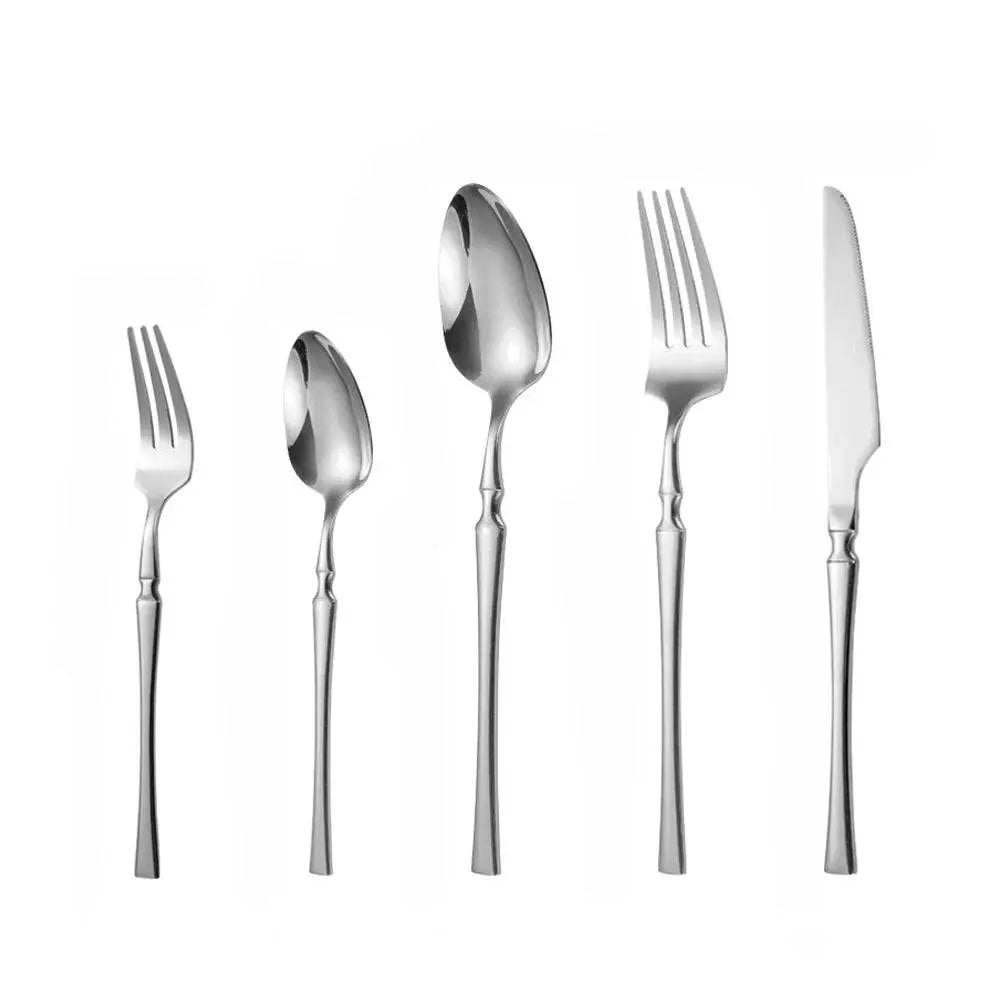5/20/30 Pieces Cutlery - Gold Stainless Steel Set in silver finish, showing full set of fork, knife, and spoons with sleek, polished design.