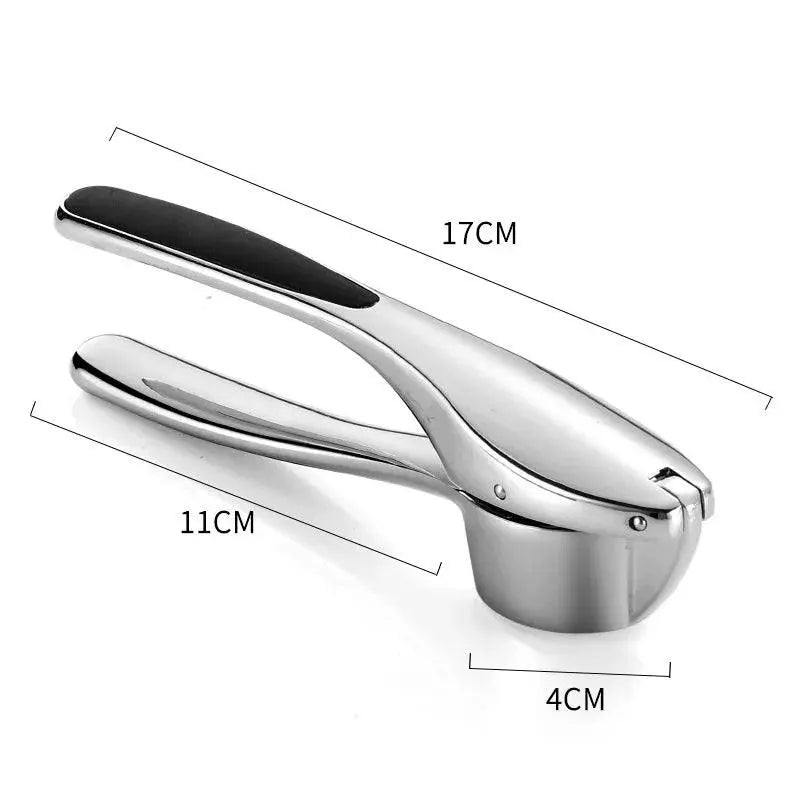 Stainless Steel Garlic Masher - Manual Garlic Crusher with black grip, showing detailed dimensions 17cm length and 4cm width.