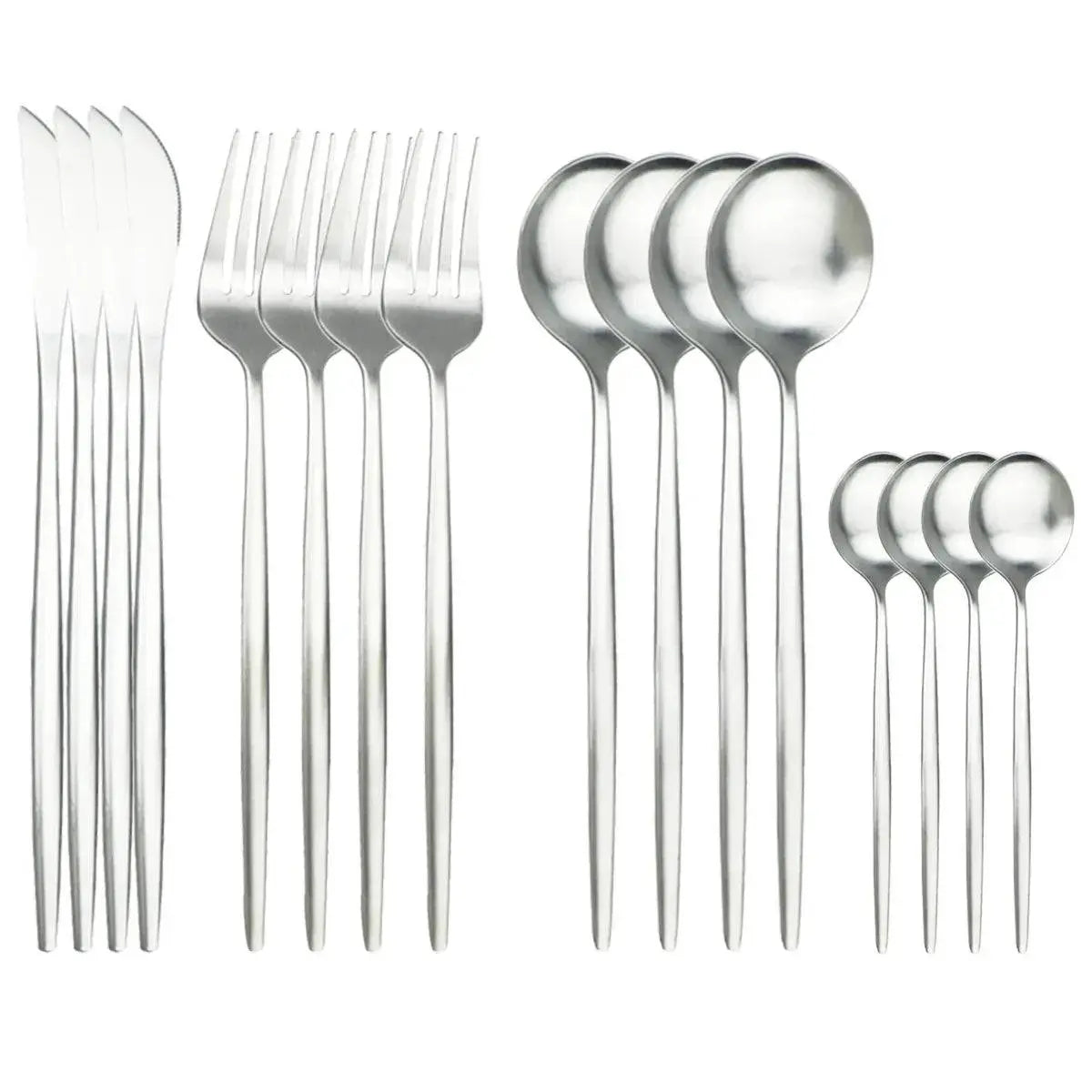 Complete 16 Pieces Dinnerware Set in stainless steel silver finish, including knives, forks, dinner spoons, and tea spoons.