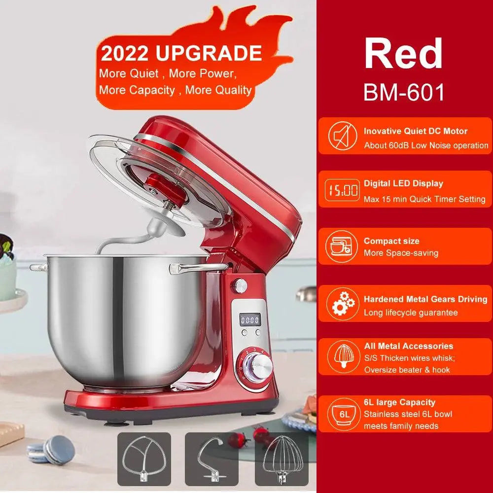 BioloMix Food Stand Mixer - BioloMix Stand Mixer | 1200W, 6-Speed, Quiet Motor in red featuring 2022 upgrades, large 6L capacity, and quiet operation.
