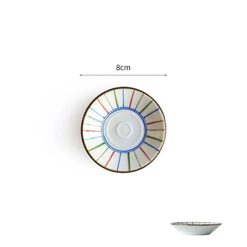 Japanese Style Ceramic Sauce Dish with colorful striped design, 8cm diameter, perfect for serving sauces and gravies stylishly.