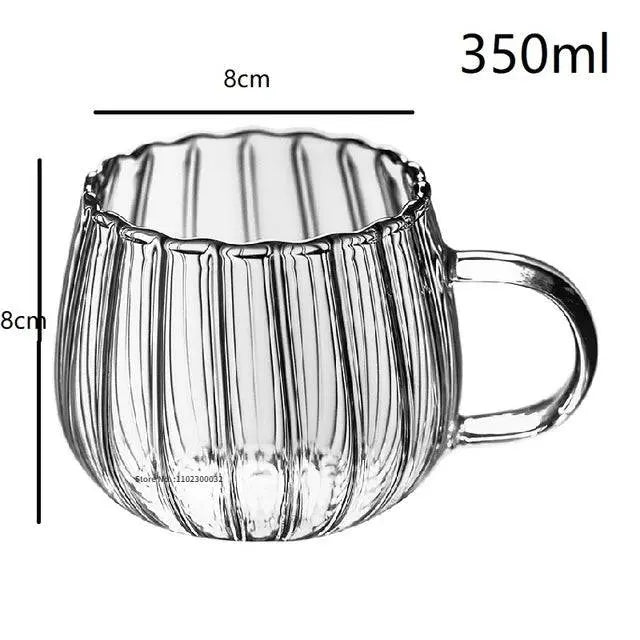 Heat-Resistant Striped Glass Mug with 8cm height and width, 350ml capacity. Durable and stylish heat resistant glass mug for beverages.