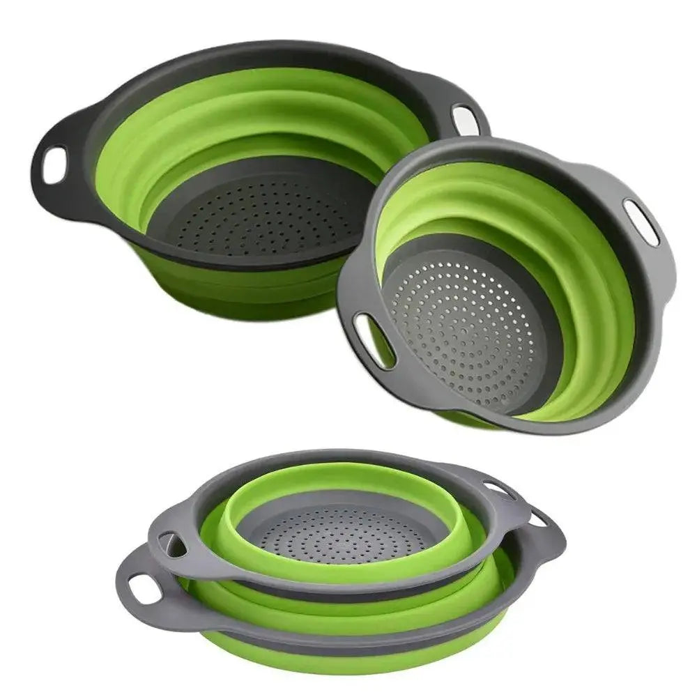 Round Folding Colander set in green and gray, displayed in both expanded and folded states for versatile kitchen organization.