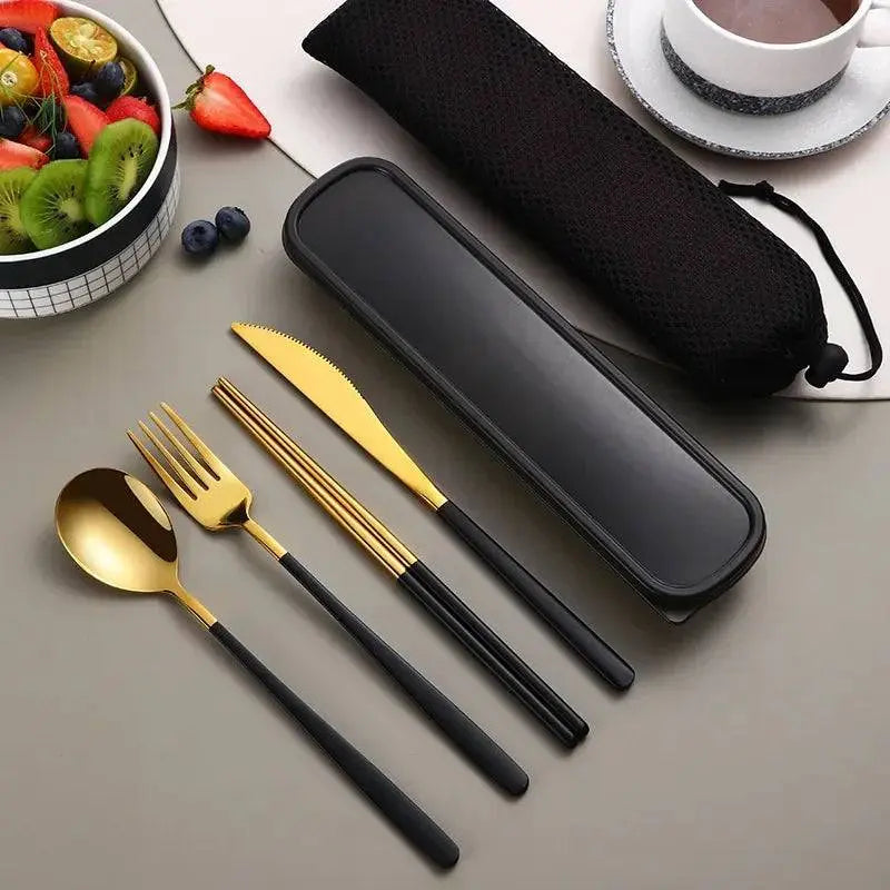 4-Piece Stainless Steel Portable Cutlery Set with black and gold handles, black case, ideal for travel dining, featuring knife, fork, spoon, and chopsticks.