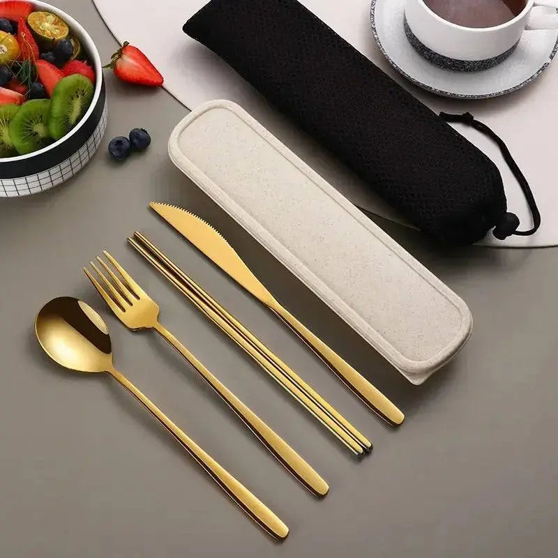 4-Piece Stainless Steel Portable Cutlery Set in gold with beige case, ideal for travel dining, includes knife, fork, spoon, and chopsticks.