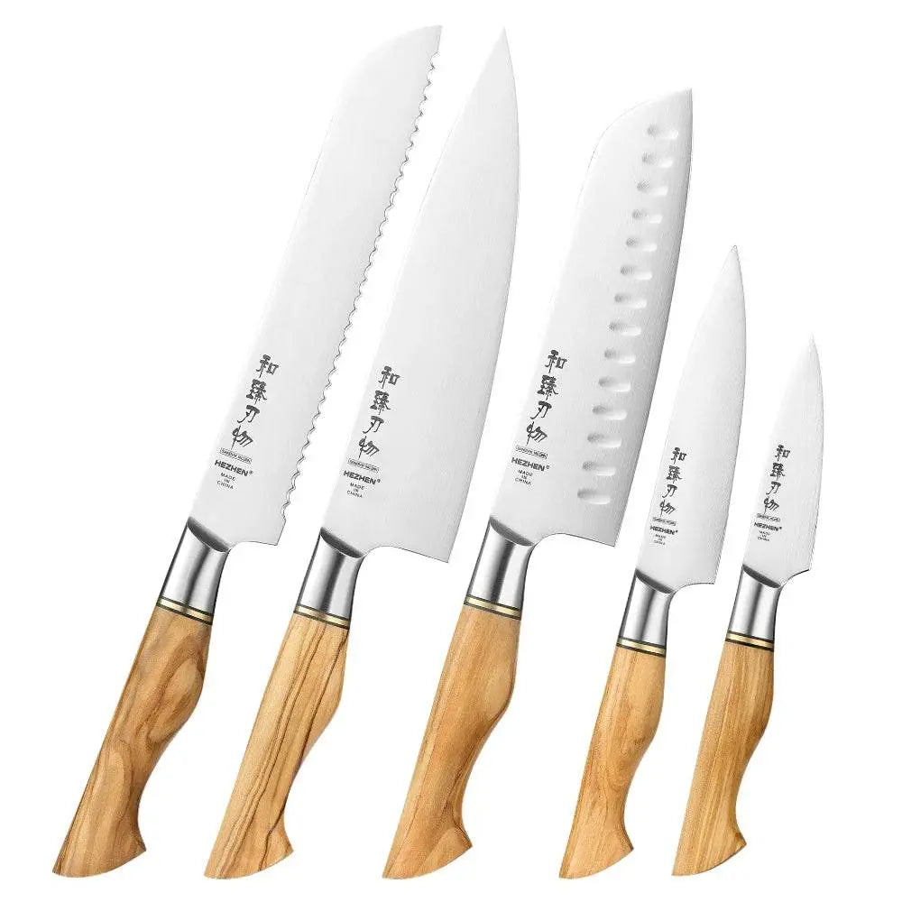 HEZHEN Knife Set - Sandvik Steel Knife Set complete 5-piece collection with olive wood handles, sharp blades, Buy 2 Get 1 Free promotion.