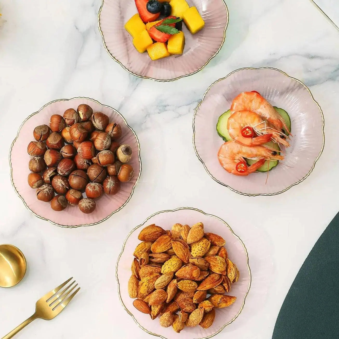 Bone Dish Rubbish Plate - Bone Dish Plate Storage | Compact Snack Solution showcasing assorted nuts, shrimp, and fruits on stylish pink-toned plates.