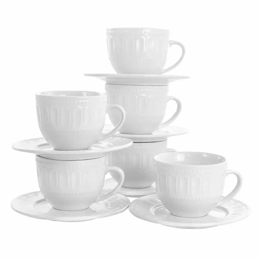 Charlotte Mug Set - Stylish & Durable Mugs | Microwave Safe, showing a stacked set of six white mugs with matching saucers, perfect for stylish gatherings.