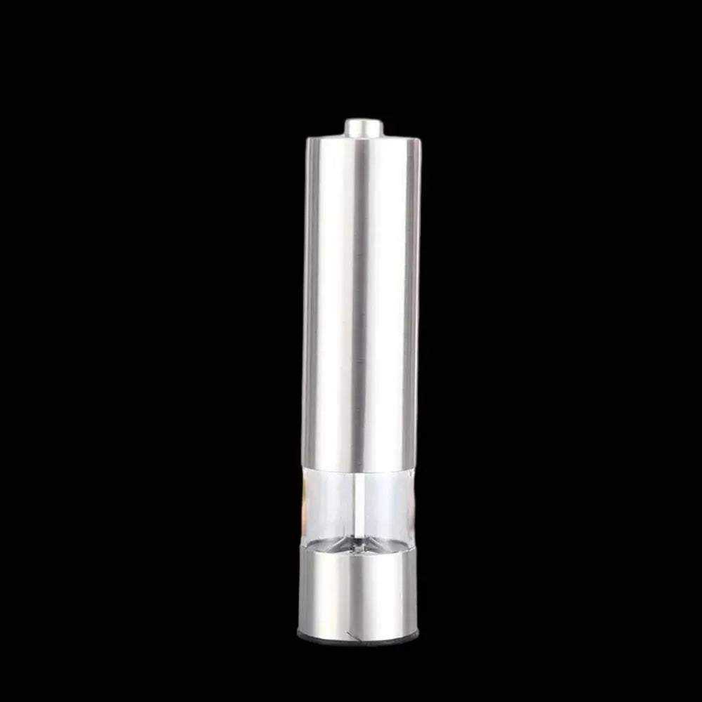 Electric Grinder for Salt & Pepper with flat top design on black background, showcasing its sleek stainless steel finish and modern look.