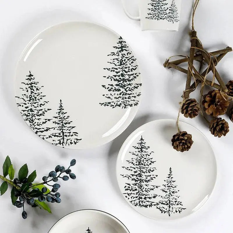 Ceramic Dining Plate - Simple Style featuring festive tree designs, ideal for holiday tableware and elegant dining settings.