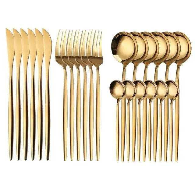 Complete 24-piece golden cutlery set featuring knives, forks, and spoons, perfect for luxurious holiday table settings.