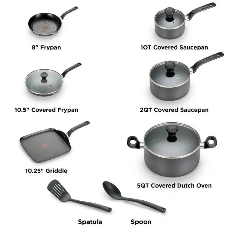 Easy Care Cookware Set - 12 Piece Non-Stick | Durable black cookware set layout showing frypans, saucepans, Dutch oven, griddle, spatula, and spoon.