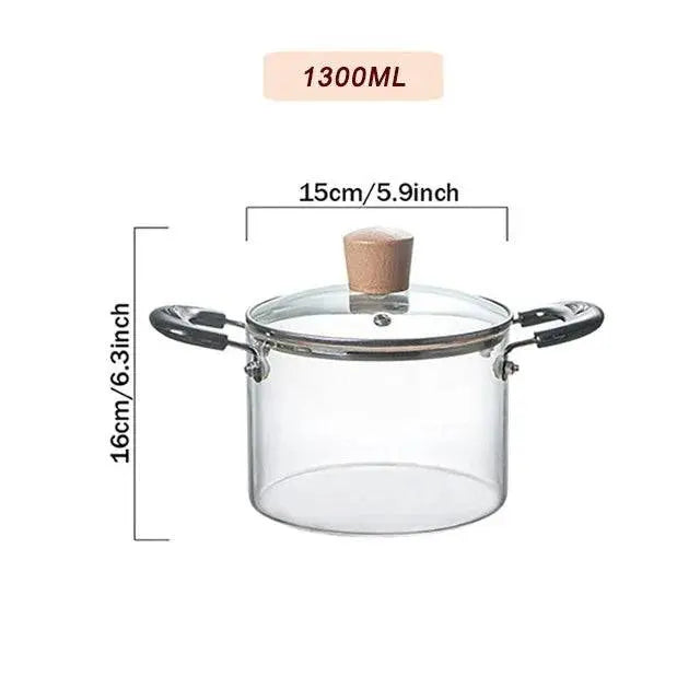 Transparent Glass Soup Pot - Heat-Resistant Cookware 1300ML size with dimensions 15cm x 16cm, great for small portions and quick meals.
