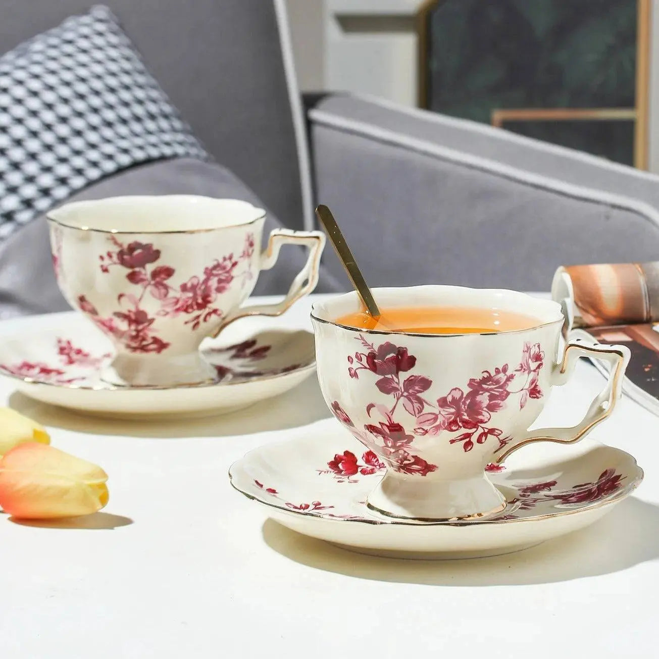 Red Flower Ceramic Coffee Set with two floral cups and saucers, microwave safe, ideal for stylish coffee moments or gifting.