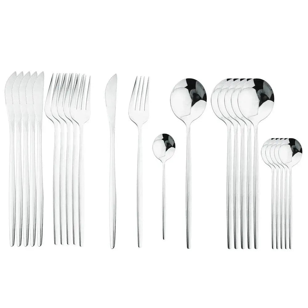 24 Pcs Black Handle silver Cutlery Set featuring elegant silver stainless steel heads and sleek black handles, perfect for upscale dining experiences.