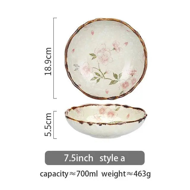 700 ML Flowers Ceramic Bowl style A with pink floral design, 7.5-inch size, perfect for elegant and durable tableware collections.