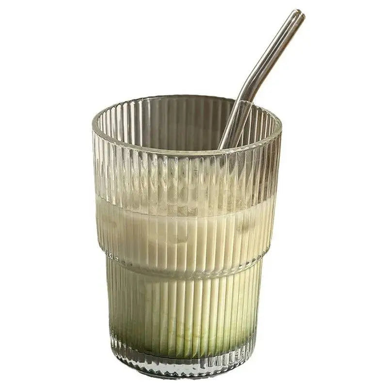 400 ML Stripe Glass Cup | Durable Transparent Design featuring a single cup with iced matcha latte and a reusable glass straw, perfect for daily beverages.