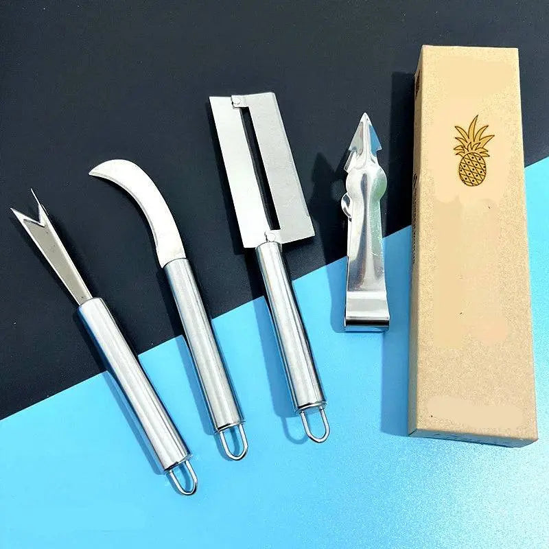 Complete Stainless Steel Fruit Tools - Peeling & Slicing Set with four tools and packaging box featuring a pineapple logo.